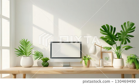 Minimalist home office desk with computer, plants and sunlight. 130469490