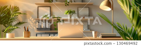 Modern minimalist home office with laptop, plants, and natural light. 130469492