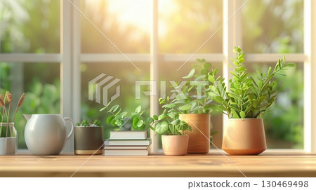 Green plants in pots on a windowsill with sunlight streaming in. 130469498