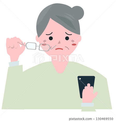 Grandma who has difficulty seeing her smartphone. Vector illustration 130469550