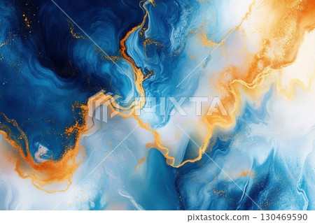 Swirling blue and orange abstract design showcasing fluid patterns and vibrant colors 130469590