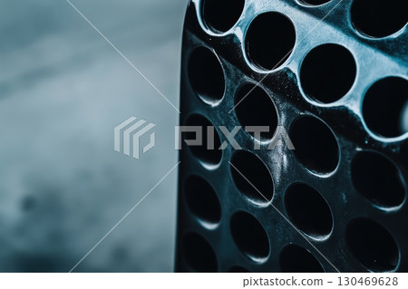 Close-up view of a perforated black object in natural light showcasing intricate designs and textures Close-up view of a perforated black object in natural light showcasing intricate designs and textures 130469628