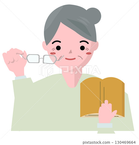 Grandma reading a book without glasses. Auntie reading a book without glasses. Vector illustration Grandma reading a book without glasses. Auntie reading a book without glasses. Vector illustration 130469664