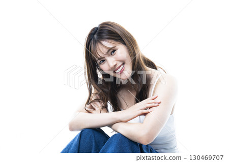 Young woman beauty skin care white background smile 130469707
