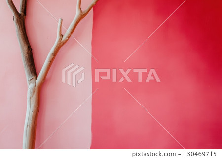 Stylish interior design featuring a minimalist branch against a pink wall backdrop in a modern space 130469715