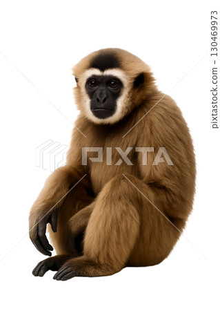 Pileated Gibbon Sitting Calmly, Photorealistic Full Body Portrait with Detailed Fur, Isolated on Pure White Studio Background, High Resolution Endangered Primate Stock Photography 130469973