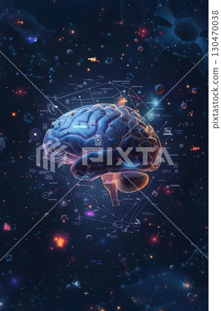Digital AI brain intertwined with educational symbols in chaotic background, dark purple and blue hues, futuristic education chaos 130470038