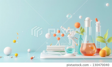 Laboratory glassware with a blue background and a molecule model 130470040