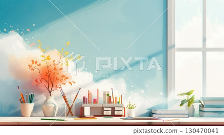 Artistic workspace with window, sunlight, and creative elements. 130470041