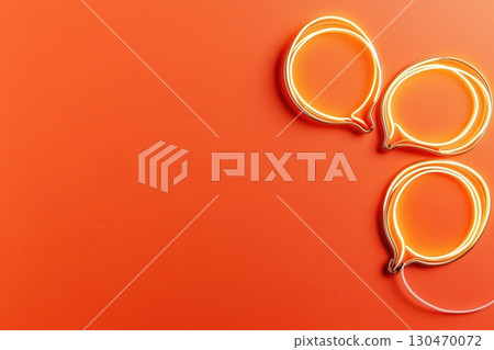 Speech bubbles with metallic finishes, placed against a high-contrast, industrial-style neon background 130470072