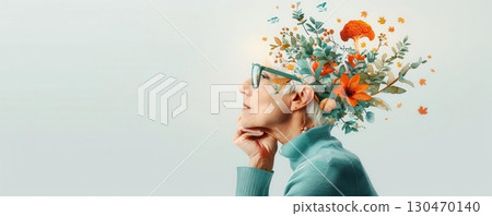 Abstract portrait of a woman with colorful smoke coming from her head. 130470140