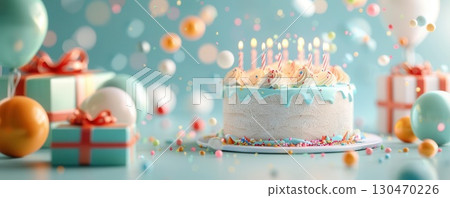 Birthday cake with candles, presents, and balloons on a blue background. 130470226