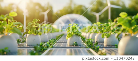 Sustainable farming with plants growing in pots on solar panels with wind turbines in the background. 130470242