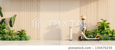 Woman riding an electric scooter in front of a modern building. Woman riding an electric scooter in front of a modern building. 130470256