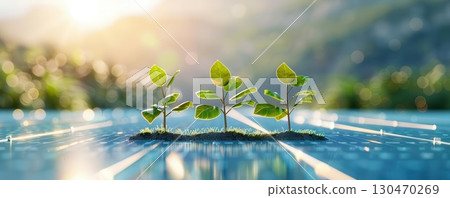 Three green saplings growing in soil, with blurred background of sunlight and leaves. Three green saplings growing in soil, with blurred background of sunlight and leaves. 130470269