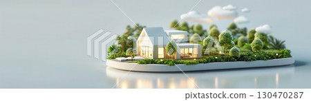 Miniature house with green trees and clouds on a white surface, isolated on white background. 130470287