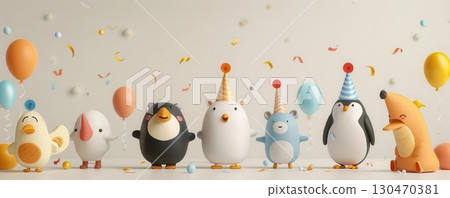 Cute animal characters celebrate with balloons and confetti. 130470381