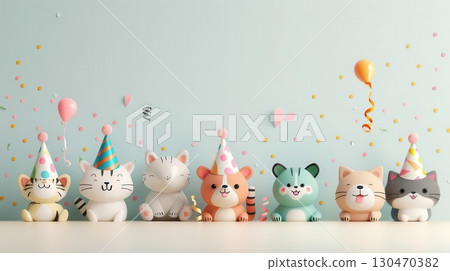 Cute cartoon cats wearing party hats and celebrating with balloons and confetti. 130470382