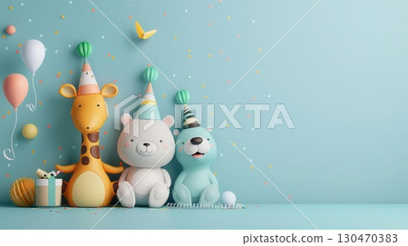 Cute animal friends in party hats with balloons and confetti on a blue background. 130470383
