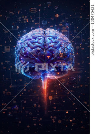 Glowing human brain with digital icons, representing intelligence and technology. 130470421