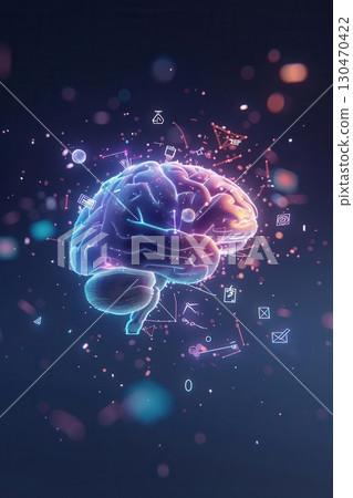 Abstract digital illustration of a glowing human brain surrounded by symbols and data. 130470422