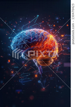 Abstract digital brain with glowing neurons and connections. Abstract digital brain with glowing neurons and connections. 130470423
