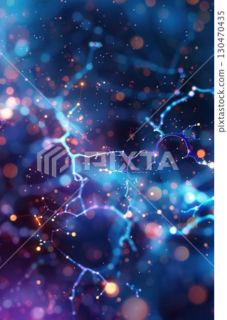 Abstract blue and purple background with glowing light streaks and bokeh. 130470435