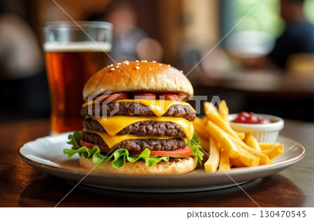 triple cheeseburger or triple whopper with fries and a glass of drink, triple burger 130470545