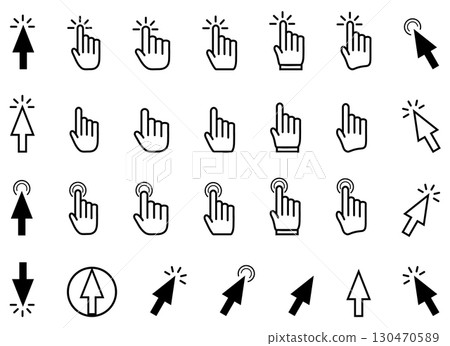 Pointer cursor mouse icon, hand click icon. Clicking cursor set. Comprehensive collection of mouse cursor icons. 130470589