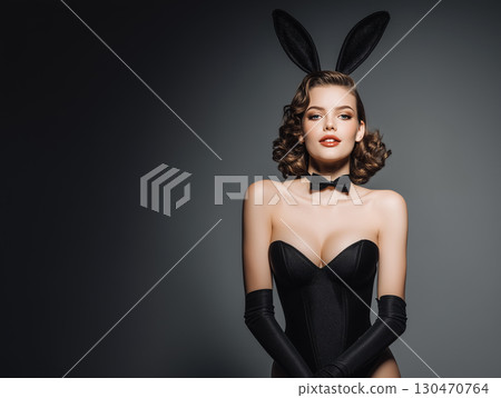 Portrait of a woman in a black bunny girl costume 130470764