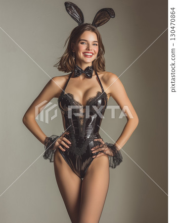 身穿黑色兔女郎服裝的女子肖像 130470864