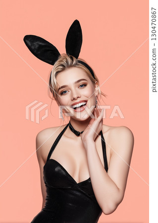 Portrait of a woman in a black bunny girl costume Portrait of a woman in a black bunny girl costume 130470867