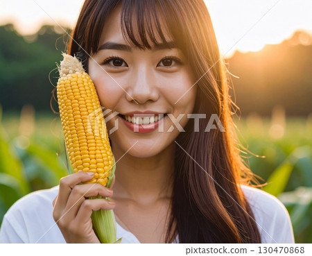 Young woman harvesting corn Young woman harvesting corn 130470868