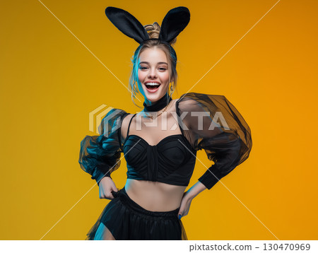 Portrait of a woman in a black bunny girl costume Portrait of a woman in a black bunny girl costume 130470969
