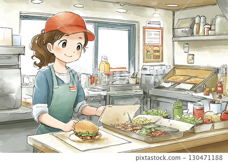 快餐店廚房裡做飯的女員工 130471188