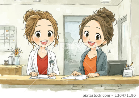 Miyu Series: A scene where a smiling female staff member at the hospital reception is politely treating a patient 130471190