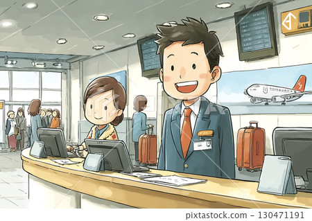 A scene of a male staff member at the airport check-in counter handling boarding procedures and providing guidance 130471191