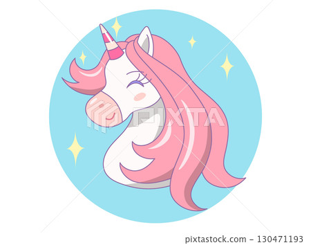 Head of cute unicorn with closed eyes on blue circle with sparkling and white background. Vector design illustration. 130471193