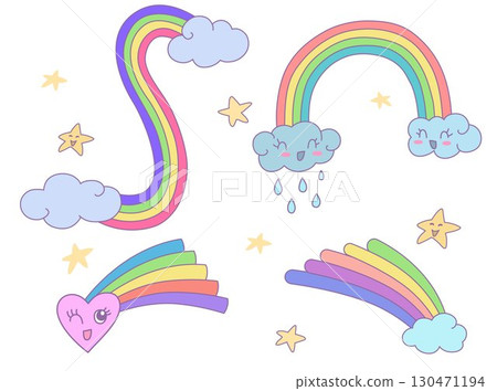 Set of cute rainbow and cloud, star. symbolizing dreams, imagination, fantasy, suitable for cartoon and children's design. Vector design illustration. 130471194