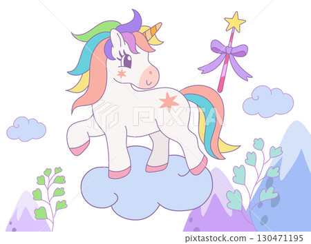 Cute rainbow unicorn standing on the cloud with magic wand in the sky. dreams, imagination, fantasy, Vector design illustration. 130471195