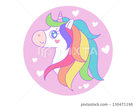 Head of cute rainbow unicorn on pink circle with heart and white background. Vector design illustration. Head of cute rainbow unicorn on pink circle with heart and white background. Vector design illustration. 130471198