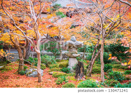 Stone lantern at Enkoji temple garden with autumn foliage colors, Kyoto 130471241