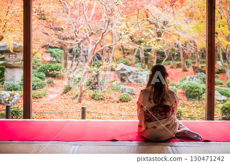 Japanese woman in Kimono at Enkoji temple view fall garden, Kyoto Japanese woman in Kimono at Enkoji temple view fall garden, Kyoto 130471242