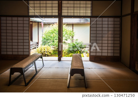 chairs inside Manshuin temple with zen garden view in autumn, Kyoto 130471250