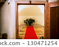Red carpet from door to tree pot decor inside Ruriko-in Temple, Kyoto 130471254