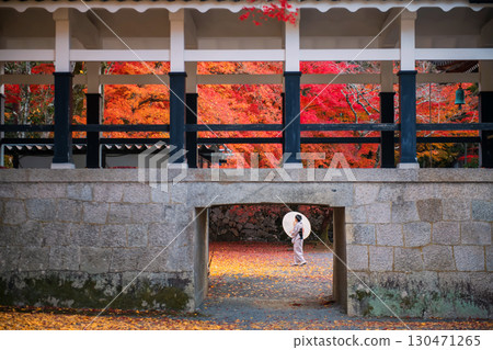 woman in kimono with autumn maple leaf, Nanzenji temple, Kyoto 130471265