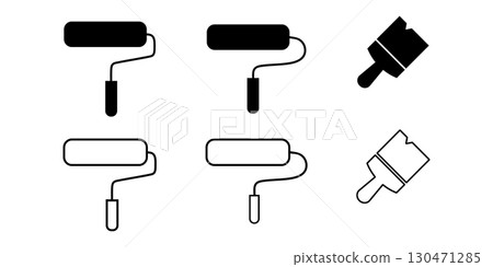 Paint icons. Paint rollers and brushes in black and white. 130471285