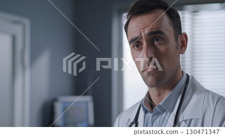 Male Caucasian doctor looking at patient 130471347