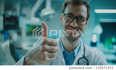 一位白人男醫生微笑著豎起大拇指 一位白人男醫生微笑著豎起大拇指 130471353
