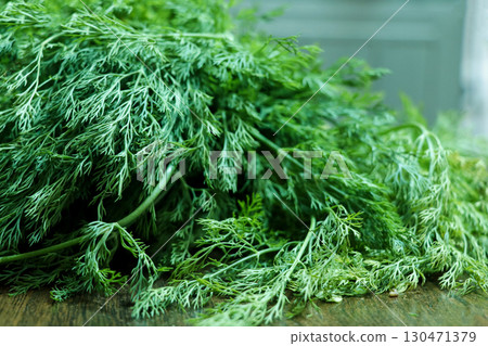 Fresh Dill Leaves (Suva Bhaji) on the wooden table 130471379